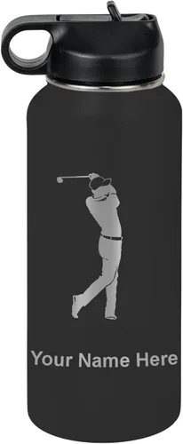 Vista 46 de LaserGram Botella de agua personalizada, golfista de golf, acero inoxidable de doble pared aislada al vacío con popote superior, regalo grabado Negro