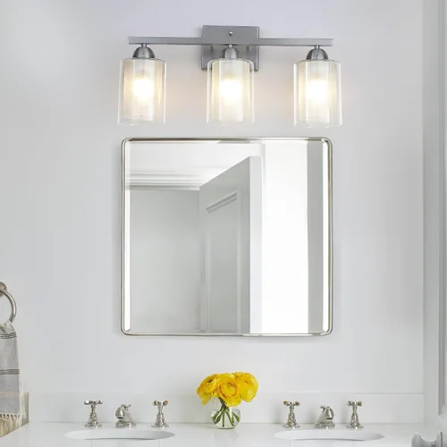Vista 2 de Mecgirn Lámpara de tocador de baño de acero inoxidable sobre el espejo, 3 lámparas de baño de níquel cepillado con vidrio de leche y pantallas