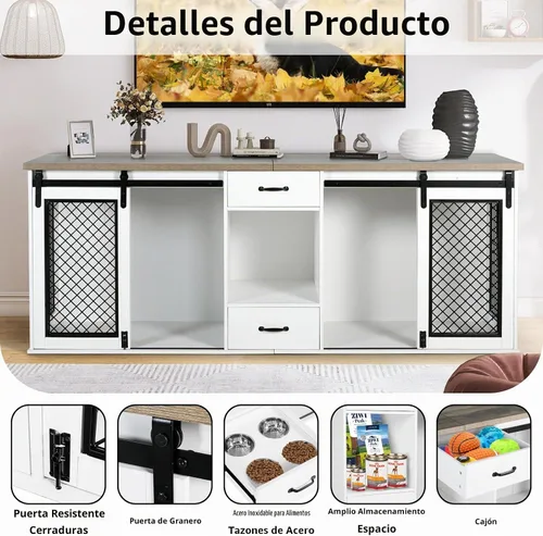 Vista 2 de Mueble de jaula para perros extra grandes, puerta corredera de 85 pulgadas, doble perrera para 2 perros grandes divididos, muebles de madera