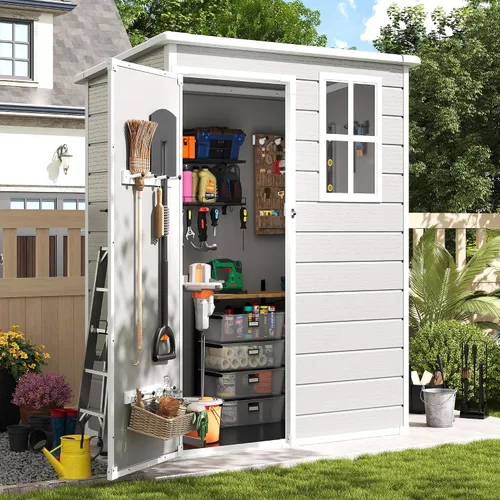 Vista 14 de Amopatio Cobertizo de almacenamiento para exteriores con piso, cobertizo de plástico con cerradura de 5 x 3 pies con ventilación, cobertizos