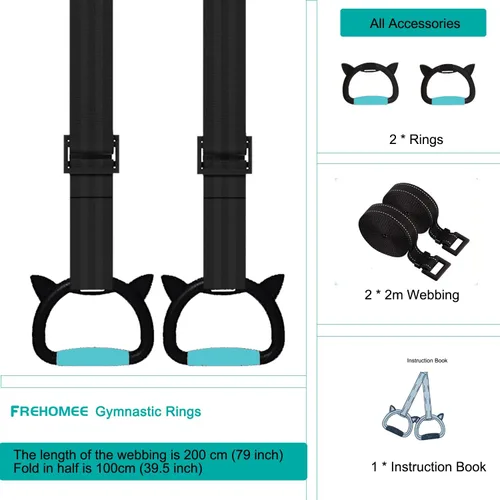 Vista 4 de Nuevos anillos de gimnasia profesionales, tanto para adultos como para niños, soporta 550 libras, equipo de fitness en casa, barra de dominadas