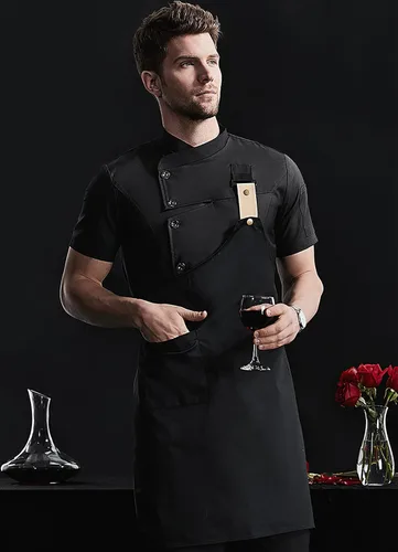 Vista 3 de Chaqueta de chef de moda para hombre, transpirable, con ventilación oculta, uniforme de chef (abrigo + delantal)