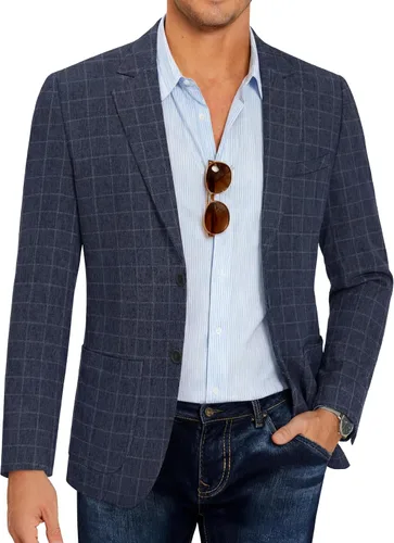 Vista 16 de COOFANDY Mens Blazer Casual Slim Fit Sport Coats Lightweight Sport Jacket Linen Textured Blazer, Two Button Suit Jacket, Patch Pockets, Plaid B