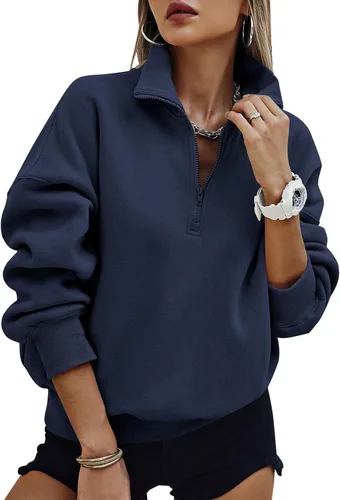Vista 16 de PRETTYGARDEN Sudaderas de gran tamaño con media cremallera para mujer, sudaderas con capucha de forro polar 2025 de manga larga a la moda, tops