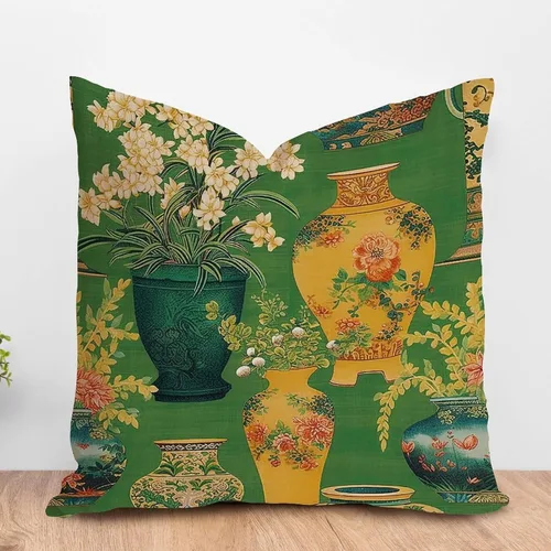 Vista 19 de ArogGeld Chinoiserie - Funda de cojín para sofá, diseño floral de peonía, color verde azulado, verde y rojo, diseño de peonía, diseño escénico