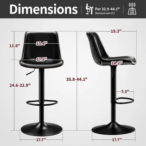 Vista 2 de STOOLINK Taburete de Bar Moderno Extra Grande con Asiento de Cuero de Microfibra - Altura Ajustable, Ergonómico de Servicio Pesado, Conjunto de Negro