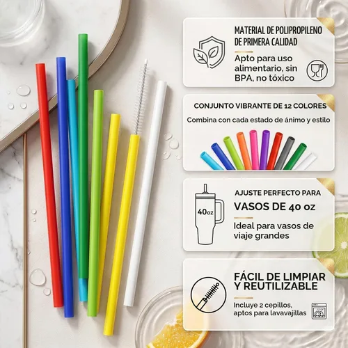 Vista 5 de ALINK Pajitas reutilizables para vaso Stanley de 40 onzas y 30 onzas, popotes de plástico duro de 12 pulgadas de largo, popote de repuesto de 12