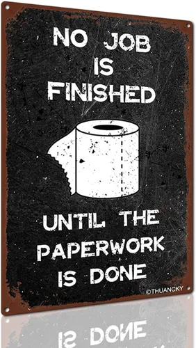 Vista 9 de Cartel de hojalata de baño con texto en inglés "No Job is Finish" de metal vintage con texto en inglés "No Job is Finish" ("No Job is Finish")