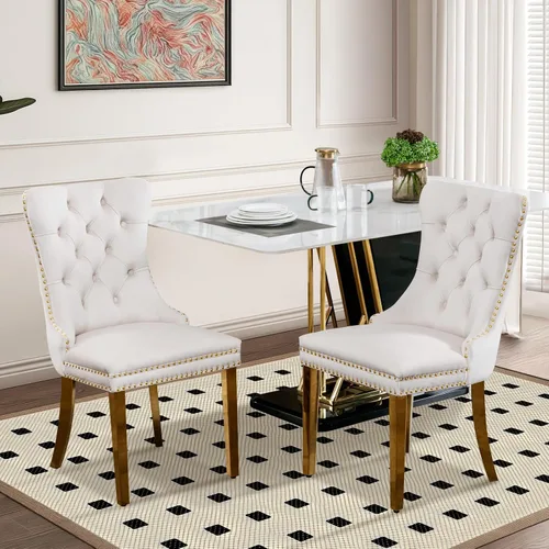 Vista 20 de Juego de 2 sillas de comedor tapizadas de tela de lino, sillas de cocina modernas de mediados de siglo con respaldo alto, ribete de cabeza de clavo