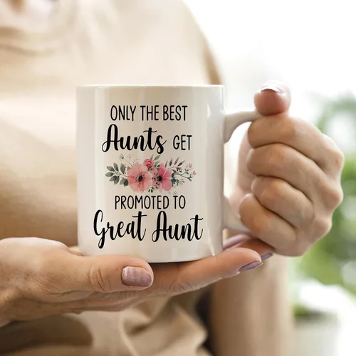 Vista 2 de QASHWEY Taza de café con texto en inglés «Only The Best Aunts Get Promoted to Great Aunt», divertidos regalos de anuncio de embarazo para tía, tías