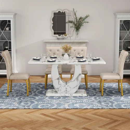Vista 7 de Moderno juego de mesa de comedor de mármol sintético para 4, mesa de cocina rectangular blanca de 63 pulgadas con elegante base de pedestal