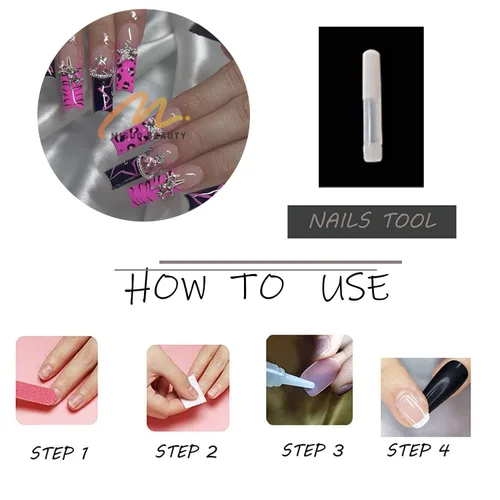 Vista 4 de MISUD Uñas a presión – Uñas cuadradas largas con pegamento rosa y negro, acrílico Y2K diseño de dijes de 24 piezas