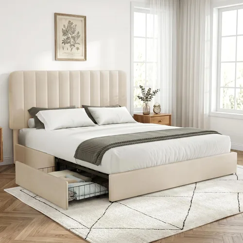 Vista 2 de VECELO Base de cama tapizada de tamaño matrimonial con 4 cajones y cabecero, plataforma de terciopelo, soporte de listones de madera, no necesita