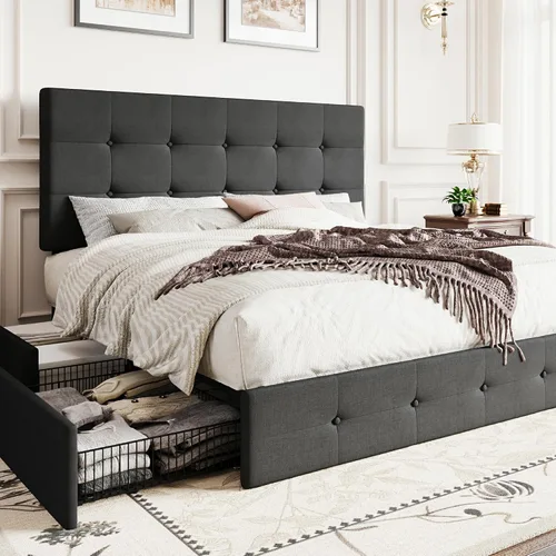 Vista 21 de SHA CERLIN Base de cama de plataforma tamaño matrimonial tapizada con 4 cajones de almacenamiento, cabecero ajustable con diseño cosido en cuadrados