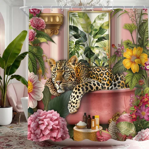 Vista 17 de Juego de cortina de ducha de baño con diseño de leopardo y guepardo rosa A-01pink leopardo verde