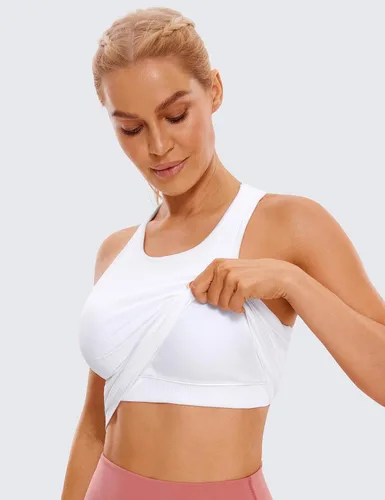 Vista 5 de CRZ YOGA Camiseta corta sin mangas de cuello alto acanalada sin costuras para mujer, sujetadores deportivos acolchados con espalda cruzada larga