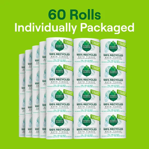 Vista 2 de Seventh Generation - Papel higiénico (2 capas, 100 % papel reciclado, 500 hojas, 60 unidades), color blanco 500 Sheets Per Roll, Extra Soft &