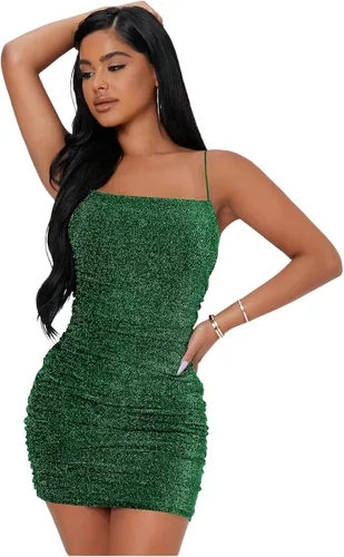 Vista 27 de Floerns Vestido Mini de Mujer con Brillo, Sin Mangas, Fruncido, para Fiesta y Discoteca, Estilo Bodycon Negro
