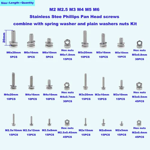 Vista 5 de Tornillos Phillips de cabeza plana de acero inoxidable M2 M2.5 M3 M4 M5 M6 combinan con arandela de resorte y arandelas lisas Kit surtido de tuercas