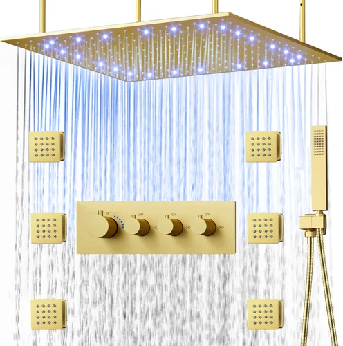 Vista 18 de Cabezal de ducha de lluvia de techo LED redondo de oro cepillado de 10 pulgadas, DULABRAHE termostático para baño, sistema de ducha de lluvia de Oro