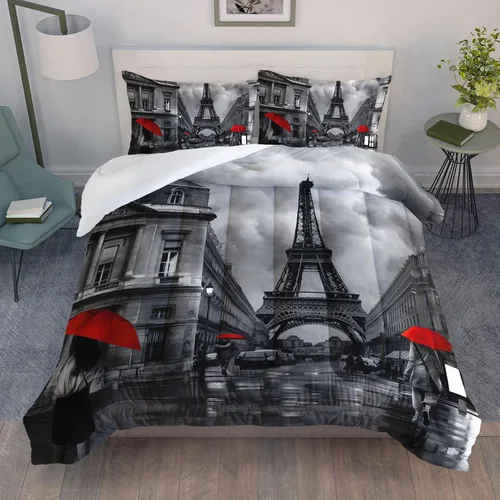 Vista 4 de Datura home Juego de Ropa de Cama Edredón Escenario de Calle de París Torre Eiffel Patrón Estampado Juego de Ropa de Cama con 1 Edredón y 2 Fundas