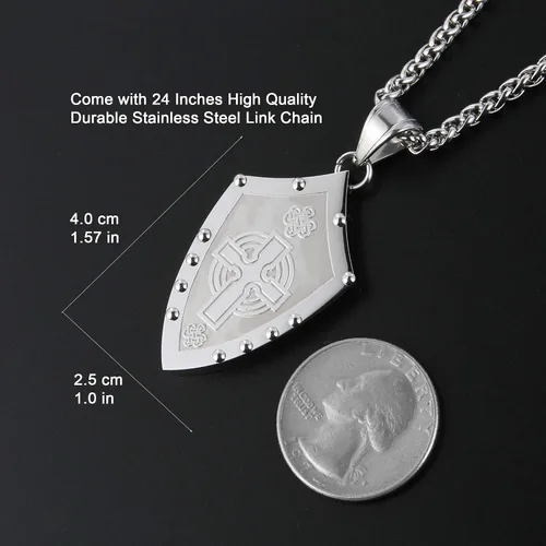 Vista 4 de HZMAN - Collar con colgante de acero inoxidable con diseño de escudo medieval de los guerreros con nudo celta de cruz irlandesa color plateado