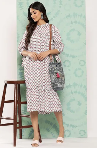 Vista 3 de Janasya Vestido de playa de algodón blanco para mujer, estilo casual, estampado floral, cuello mandarín, bohemio, manga atada, para playa
