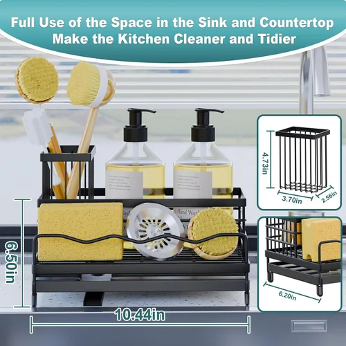 Vista 2 de Soporte de esponja para cocina, organizador de fregadero con soporte alto para cepillos y bandeja de drenaje rápido, boquilla giratoria de 360°