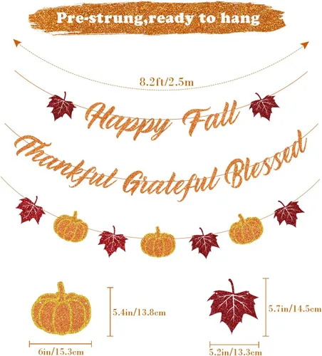 Vista 2 de Tinbax Decoración de otoño para el hogar, decoración de Acción de Gracias, pancarta con texto en inglés «Happy Fall and Blessed Grateful Thankful»