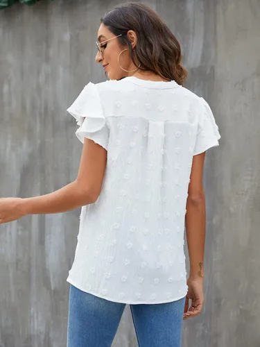 Vista 4 de Blooming Jelly Blusa blanca para mujer cuello en V manga con volantes camisas fluidas elegantes casuales lindas camisetas de verano