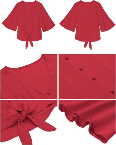 Vista 3 de Luvamia - Blusa informal de manga 34 con nudo y cuello en V para mujer, blusas unicolor con botones