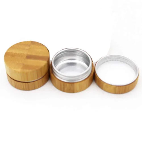 Vista 5 de 2 piezas de lata de aluminio vacía de 0.3 fl oz con carcasa de bambú, recipientes de muestra cosmética redondos de metal, latas de bambú, frascos