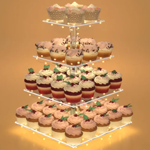Vista 10 de Soporte para Cupcakes, Soporte para Cupcakes de 4 Niveles, Soporte Iluminado para Cupcakes para 50 Cupcakes, Torre Cuadrada para Cupcakes, Juego