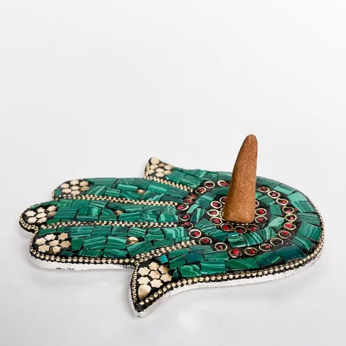 Vista 3 de Verde - Soporte para incienso de mano Hamsa - Mosaico Piedras