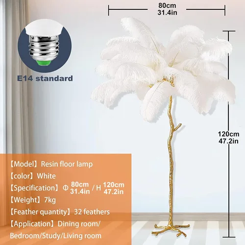 Vista 6 de Lámpara de Pie Natural de Pluma de Avestruz, Lámpara de Pie LED Moderna Regulable, Lámpara de Rincón Romántica de Princesa para Dormitorio