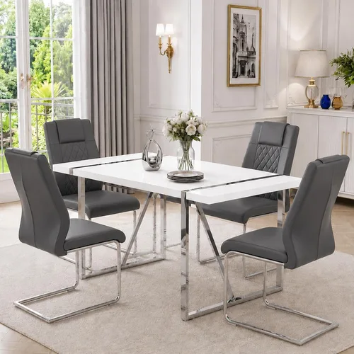 Vista 8 de Juego de mesa de comedor moderna de 55 pulgadas para 4, mesa de comedor negra y marco de metal dorado, mesa de comedor rectangular con 4 sillas