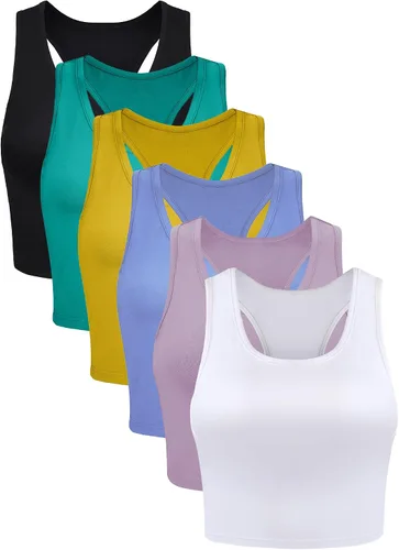 Vista 9 de 6 piezas de camisetas básicas sin mangas con espalda cruzada deportivas, cortas, para mujeres y niñas, uso diario