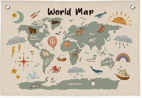 Vista 12 de Wheatwin Decoración de sala de juegos, pancarta de mapa del mundo para niños, mapas del mundo para pared, mapa del mundo, lindo tapiz de animales
