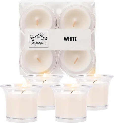 Vista 22 de HYOOLA Clear Cup Velas votivas perfumadas – Citronela – 12 horas de tiempo de combustión – Paquete de 4 – Fabricado en Europa Amarillo Citronela