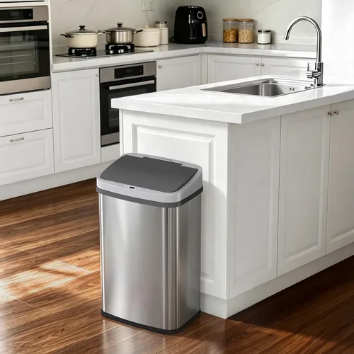 Vista 9 de Ninestars DZT-50-28BR - Bote de basura rectangular con sensor de movimiento automático sin contacto, parte superior negra, 13 galones, 49 L, cepillo