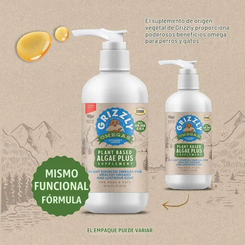 Vista 2 de Grizzly Pet Products Algal Plus Omega 3-6-9 Suplemento alimenticio para perros y gatos, botella de 8 onzas naranja dorada