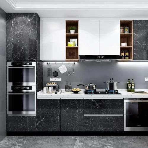 Vista 3 de RANRAN Papel de contacto de mármol, rollo negro granito, autoadhesivo para despegar y pegar, para encimeras de cocina, armarios, muebles