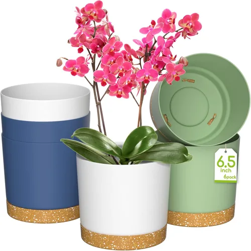Vista 13 de ZMTECH Macetas para plantas, juego de 6 macetas de plástico de riego automático de 6.5 pulgadas con orificio de drenaje y platillo, maceta