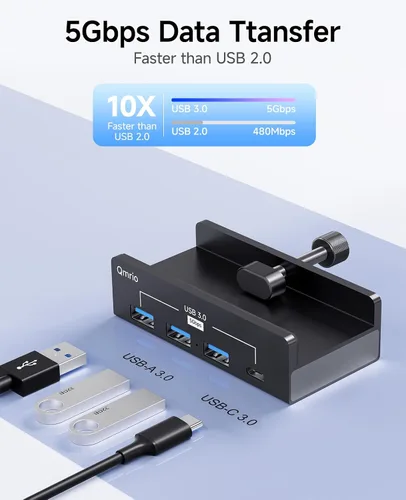 Vista 2 de Hub USB 3.0, concentrador USB con abrazadera de 5 Gbps para escritorio/monitores con puerto de fuente de alimentación adicional, 3 puertos de datos