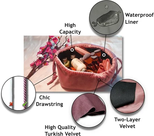Vista 2 de Bolsa de maquillaje de terciopelo con cordón interior resistente al agua: cosmético/viaje/artículos de tocador/bolsa de maquillaje