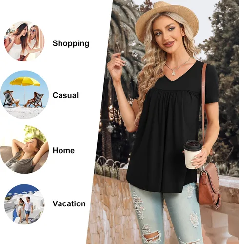 Vista 4 de LAOLASI Blusa de verano para mujer, cuello en V, manga corta, casual, holgada
