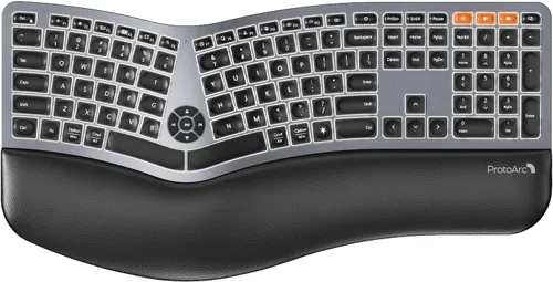 Vista 10 de ProtoArc Teclado ergonómico Bluetooth retroiluminado, EK01 Plus, teclado inalámbrico dividido de tamaño completo con Bluetooth dual y USB