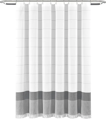 Vista 8 de Lush Decor Cortina de ducha de algodón tejido blanco con rayas grises y flecos de borlas, accesorios de baño (72 x 72 pulgadas)