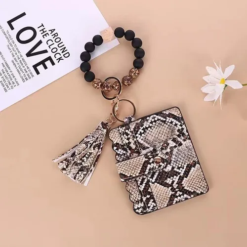 Vista 5 de Llavero pulsera cartera tarjetero bolsillo muñeca coche llavero brazalete para mujer, Piel de serpiente, marrón