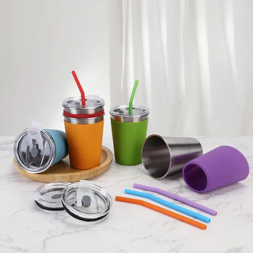 Vista 8 de Tazas para niños con tapas y pajitas, 5 paquetes mejorados de 350 ml de acero inoxidable irrompibles con funda colorida, tazas a prueba de derrames